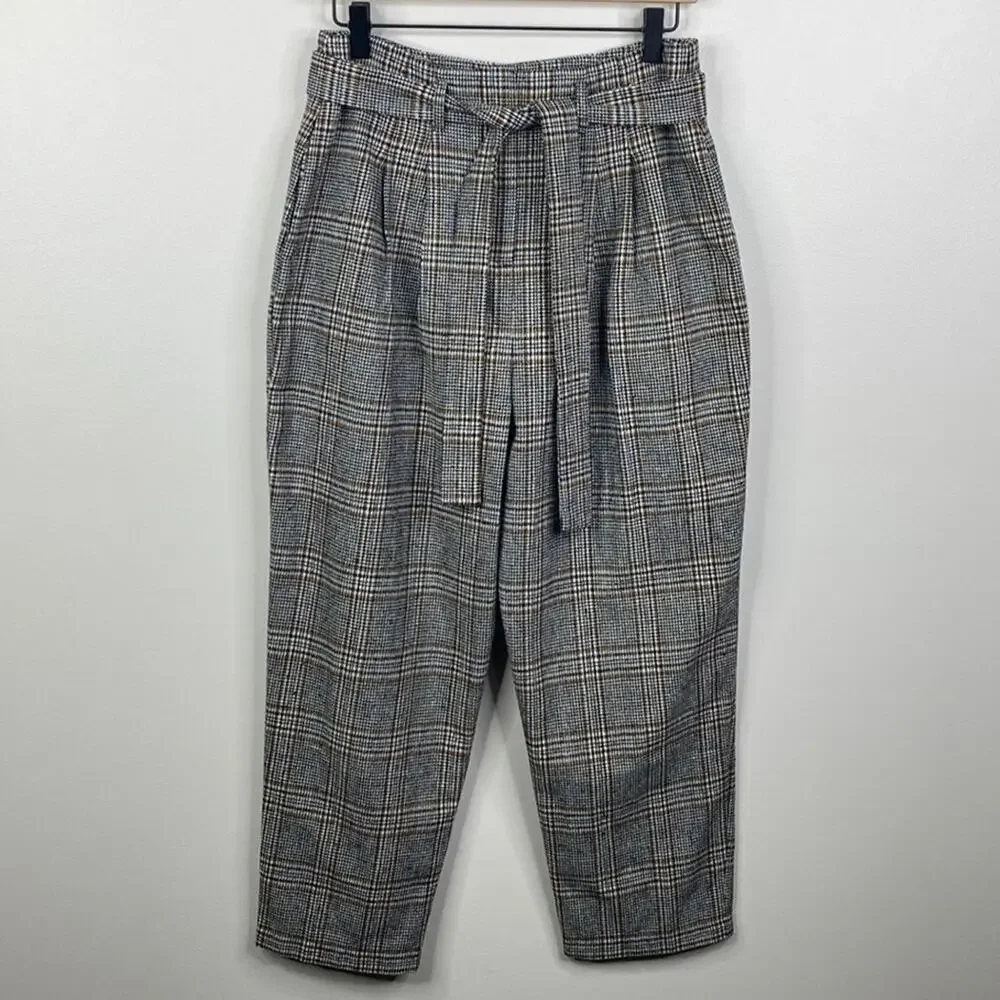 ASTR The Label Plaid Tie Waist Trousers Black Brown High Rise Tapered Pants M